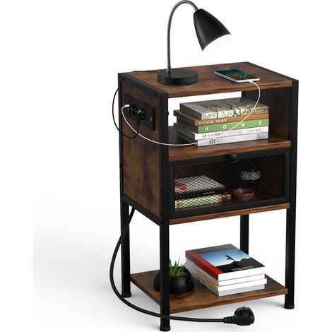 Haloyo® Table d'Appoint Moderne avec Multiprise avec 1 tiroir, Bout de Canapé, Table Basse, pour Salon, Chambre, 40x30x65cm, brun (1/5)