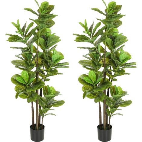 Lot de 2 plantes artificielles intérieures 150 cm, fausse plante à figuier lyre avec pot en ciment, vert