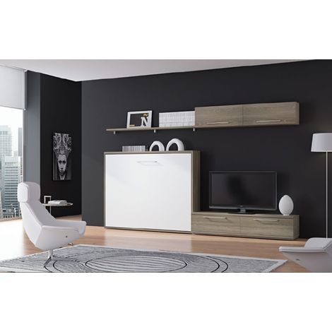 Ensemble lit escamotable 160x200 et meubles de salon Optima-Avec matelas-Coffrage Blanc-Façade Ebène (1/5)