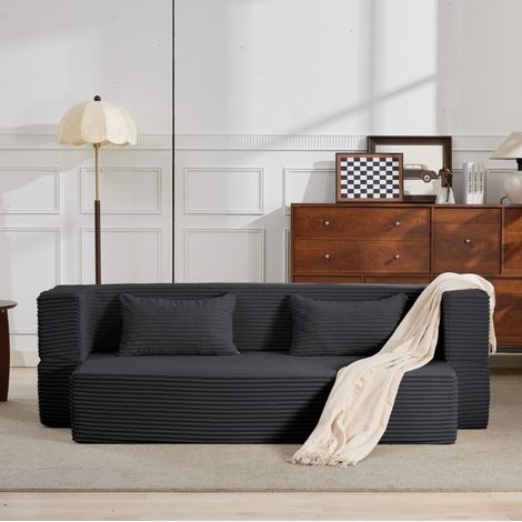 3-Sitzer Schlafsofa Grau aus Stoff gepolstert, modular, ausklappbar, ohne Montage, mit 2 Kissen (1/5)