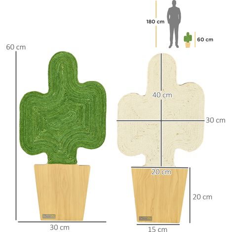 Ensemble de 2 arbres à chat/griffoirs, motif cactus, à fixer au mur, 30 cm x 60 cm, chêne, blanc et vert. (1/5)