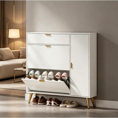 OKWISH Schuhschrank Weiß für 12 Paare, 4 Fächer, 2 Klappen (1/5)