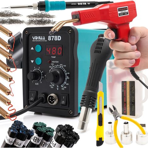 Poste à souder Yihua 878D, agrafeuse plastique + 200 agrafes, cutter, pince + relieuses