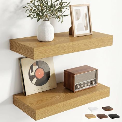 Etagere Murale 40 cm, Lot de 2, Extra Profonde 19,5 cm, Chêne (1/5)