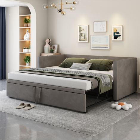 Sofa cama 90x200 cm gris tapizado - cama extensible con somier de lamas (1/5)