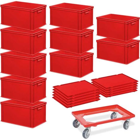 BRB 10 Euroboxen, LxBxH 600x400x320 mm + 10 Scharnierdeckel + 1 Transportroller, rot