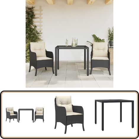 3-tlg. Garten-Essgruppe mit Kissen Schwarz Poly Rattan - Gartentisch - Gartenstuhl - Essgruppe - Outdoor Möbel - Terrassenmöbel