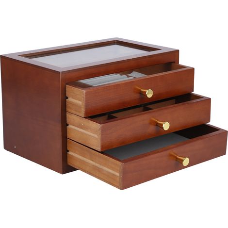 Boîte à bijoux en bois à 3 niveaux avec 3 tiroirs, rangement pour bagues, bracelets et colliers, marron, cadeau (1/5)