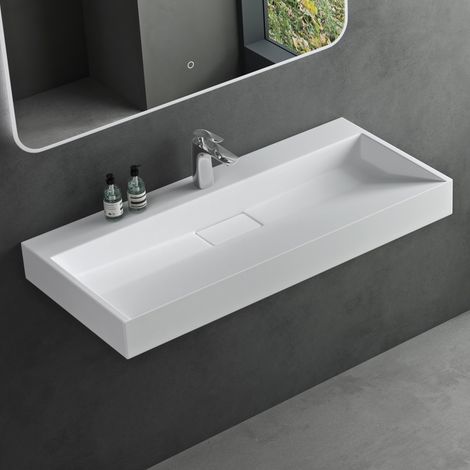 Mai & Mai Lavabo da Appoggio 100x46x11cm, Lavabo Bagno Sospeso Lavandino Bagno con Piletta di Scarico e un Foro per Rubinetteria, Lavabo da Minerale fuso Bianco opaco, Colossum19