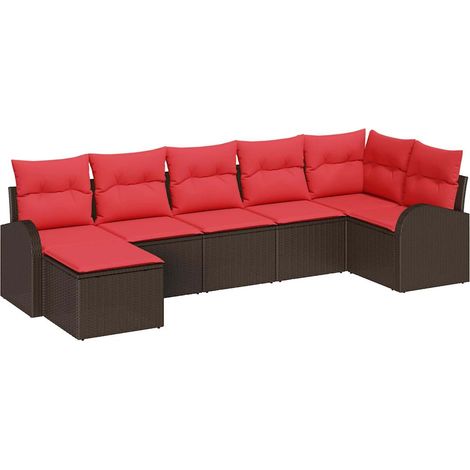 Sofa Set with Cushion 7 pcs Brown and Red Poly Rattan vidaXL