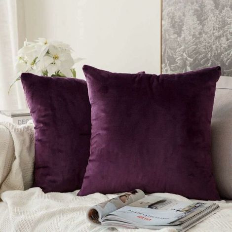 Set of 2 Decorative Velvet Cushion Covers Sofa Pillow Case Super Smooth Soft Comfortable Decoration Home Living Room Bedroom for Couch 45x45CM Aubergine (1/4)