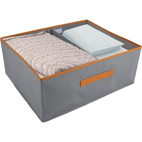 Lot de 2 grandes boîtes de rangement 50 x 40 x 20 cm avec poignée en cuir et séparateur - Boîte de rangement pliable pour vêtements, livres (gris) (1/5)