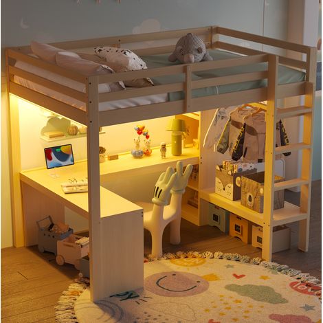 letto matrimoniale 140x200 scrivania LED USB naturale HAVRYA (1/5)
