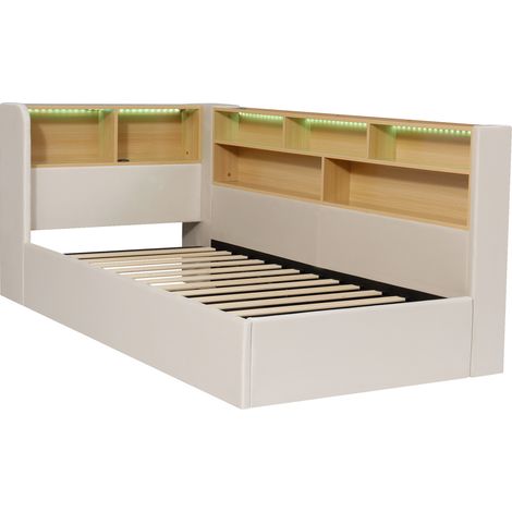 Cama de día tapizada 90x200 cm con almacenamiento hidráulico, LED, USB y Type-C, beige (1/5)