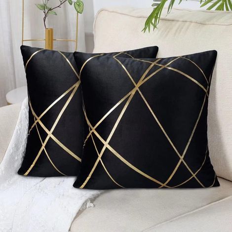 Lot de 2 canapés noirs (sans coussin) Housse de coussin en velours 45 x 45 cm Coussins Housses de coussin décoratives Lignes dorées Coussins géométriques Salon Chambre à coucher Ottoman Housses de cou (1/5)