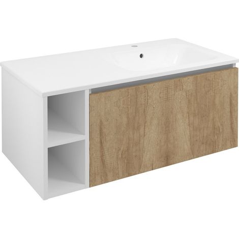 Meuble vasque LOREA 100x46x51,5cm (20+80cm), droite, chêne alabama/blanc mat (1/4)