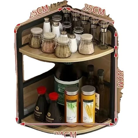 Étagère de coin de cuisine, design en métal et bois, organisateur multi-usages, 2 niveaux (1/2)