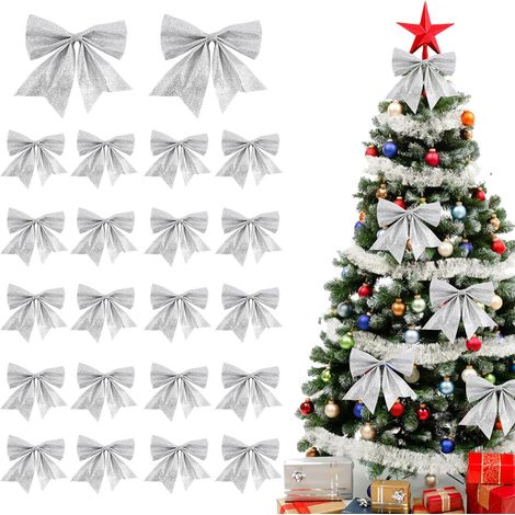 Set mit 22 Weihnachtsschleifen, 15 x 14 cm, Christbaumschmuck, Weihnachtsornamente, Geschenkideen für Zuhause (silber) (1/5)