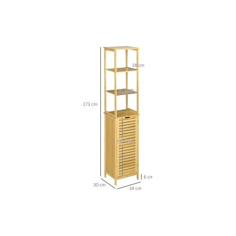 Armoire de salle de bains en bambou, 34 x 30 x 173 cm, avec 3 étagères ouvertes et 1 armoire, anti-bascule, ouverture par poignée, autoportante, petits espaces, naturel (1/5)