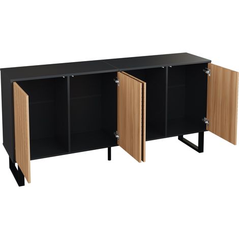 Sideboard moderne en PB et MDF noir et bois naturel 160x38x75 cm avec grand espace de rangement (1/5)