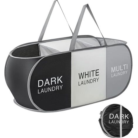 Ce panier à linge pliable à trois compartiments offre une grande capacité de 99 litres et est conçu pour ranger vêtements, jouets, produits de lessive, articles de salle de bain et articles de voyage (1/4)