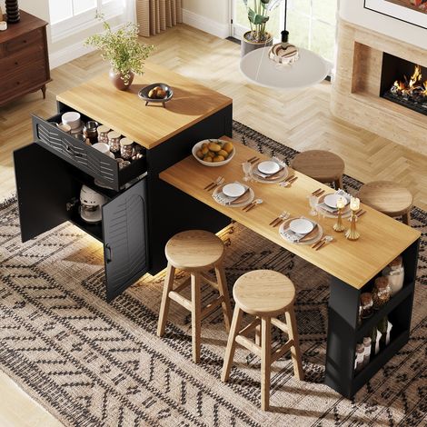 Îlot de cuisine avec bande lumineuse LED,Table extensible,desserte fixe avec table coulissante,2 tiroirs,4 portes,noir