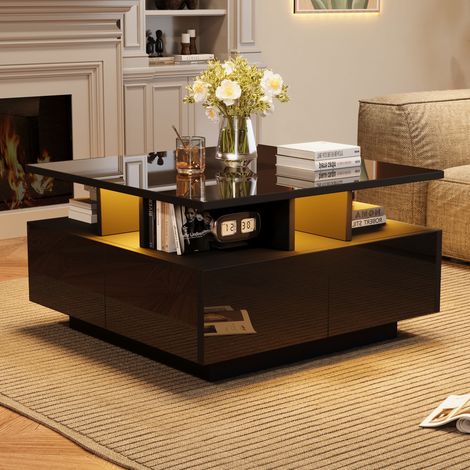 Table basse salon 70x70x40cm, table de café laqué brillant, table de canapé LED avec 4 tiroirs, table d'appoint design géométrique, noir, charge totale 30kg (1/5)