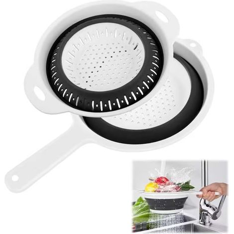 Colador plegable de 2 piezas, colador de cocina con asas, de silicona, ecológico y no tóxico, retráctil, para escurrir pasta, verduras y frutas. (1/5)