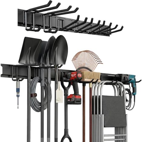 Range-mural pour Outils de Garage – Rail de Rangement 122 cm avec 7 Crochets (3 Types), Crochets Caoutchoutés, Capacité 227 kg, pour Outils de Jardin, Skis, Balais, Pelles – Fixation Murale (1/5)