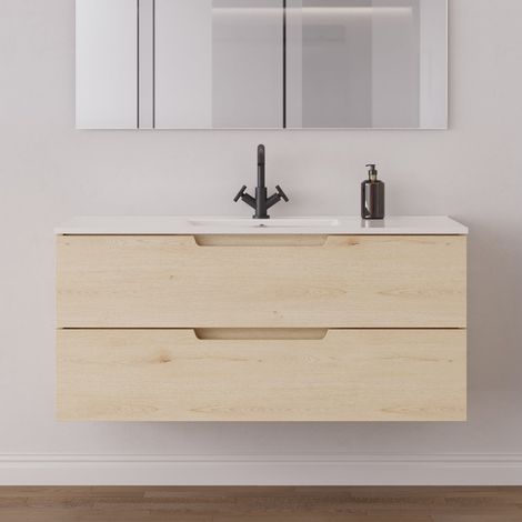 Meuble de salle de bain 120 cm simple vasque - 2 tiroirs - sans miroir - roble calima (bois clair) - SONRIZA (1/5)