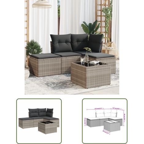 The Living Store 5-tlg. Garten-Sofagarnitur mit Kissen Hellgrau Poly Rattan - Gartenmöbel Set - PE-Rattan Möbel - Outdoor Sofa - Esstisch - Gartenhocker (1/3)