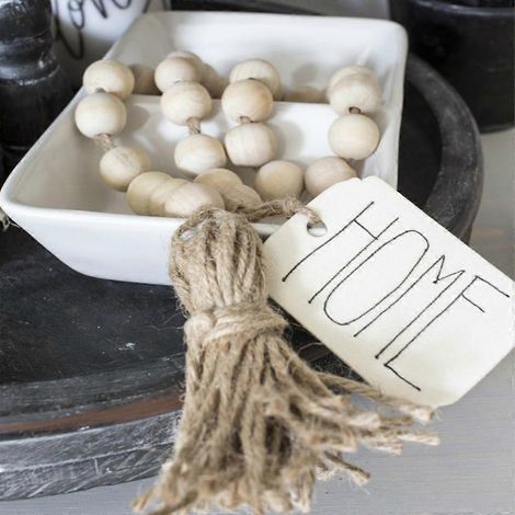 Guirlande de perles en bois avec pompons, style champêtre, perles rustiques, décoration naturelle (1/4)