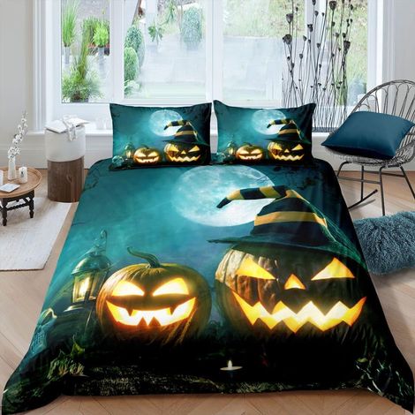 Citrouille Housse de Couette Halloween Themed Parure de Lit 140x200cm pour Enfants Garçons Filles Le coucher du soleil Ensembles de Housse de Couette Microfibre Douce avec 1 Taie d'Oreiller - 140 x 20 (1/5)