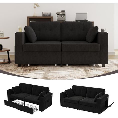 Canapé biplace avec rangement intégré, porte-gobelets et poches latérales, meuble fonctionnel pour salon, appartement et espace lecture