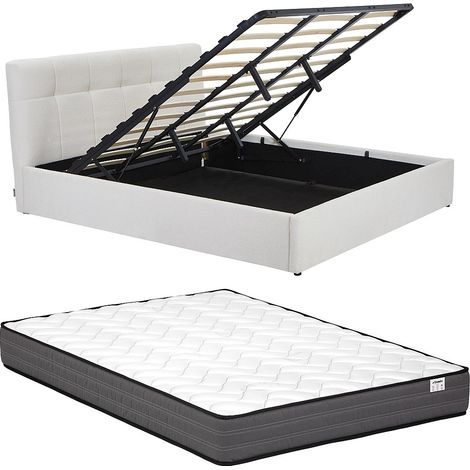 Lit coffre 180 x 200 cm - Tissu bouclette - Blanc + Matelas - MAZIRI