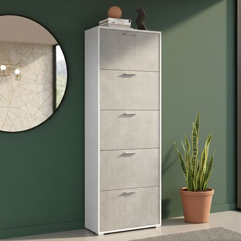 Dmora - Schuhregal Dmiano, Mehrzweck - Eingangsmöbel mit 5 Klapptüren, Schuhschrank mit doppelter Tiefe, 100% Made in Italy, 67x28h183 cm, Weiß und Beton (1/4)