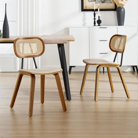 Esszimmerstühle 2er Set PU Leder mit Rattan Rückenlehne und Holzbeinen (Beige) (1/5)