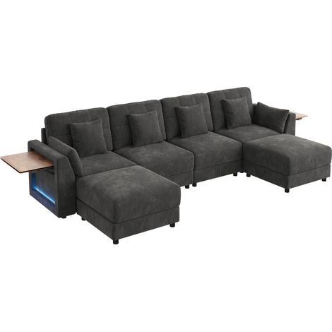 Canapé modulaire - 6 places,avec ottoman,rangements,coussins inclus,chenille,structure robuste - 292x135x82cm - Gris (1/5)
