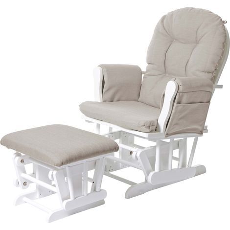 [NUNCA USADO] Sillón relax HHG-721, sillón mecedora con taburete, tela/textil, crema, estructura blanca