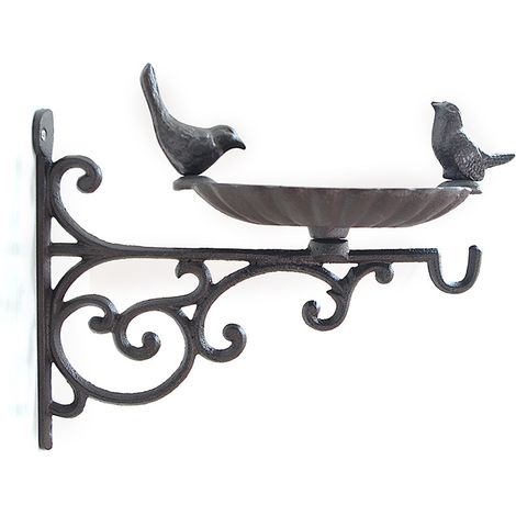 [Soporte para pájaros] Soporte de hierro fundido con bandeja y soporte para plantas – 29 x 25 x 14,5 cm – Marrón antiguo – 1 pieza (1/3)