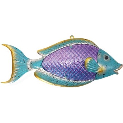 Décoration murale artisanale en métal représentant un poisson suspendu en verre (1/5)