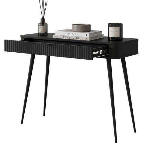 Schminktisch Katerara, Frisiertisch mit einer Schublade, Metallstruktur, edelholzbeschichtete Platte, 100x38x78h cm Schwarz