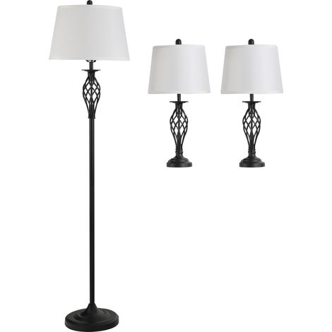 Set mit 3 Vintage-Lampen in Schwarz-Weiß aus Metall und Baumwolle, 2 Tisch-, 1 Stehlampe (1/4)