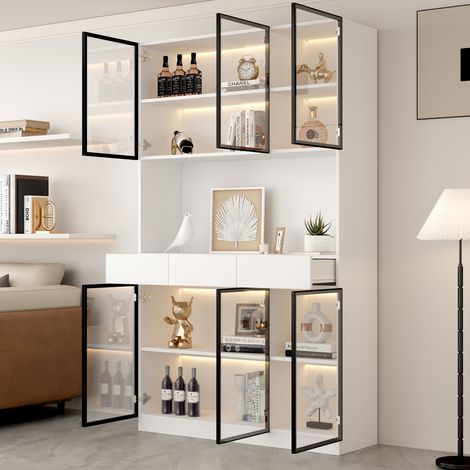 Porte vitrine haute 200cm éclairage LED bibliothèque multi-rangement collection chambre salon bureau cadre blanc-noir-Chi.
