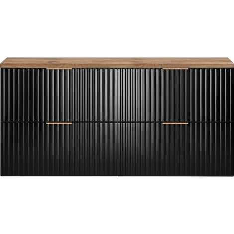 Furnidea - Meuble sous vasque à suspendre FLOW noir avec le plan chêne wotan 120 cm - 4 tiroirs - façades rainurées (1/5)