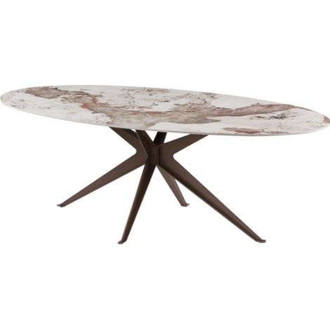 Esstisch AVELIS oval 220 cm aus Keramik in weißer Marmoroptik und bronzefarbenem Metall