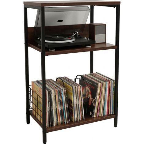Relaxdays mueble para tocadiscos y vinilos, 3 niveles, separadores, 65x40x30 cm, hierro/MDF, marrón/negro