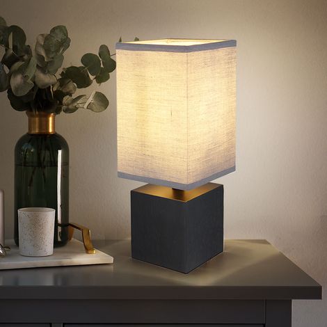 Tischleuchte Nachttisch Beistelllampe modern Schirmleuchte schwarz, Schreibtischlampe Holz Würfel, Textil anthrazit, 1x E27 Fassung, LxBxH 12x12x30 cm