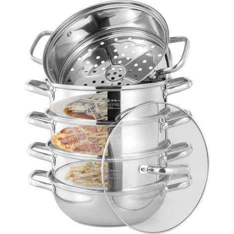 Cuiseur vapeur, 5 couches, en acier inoxydable 304, poli, casserole à vapeur, 28 cm, comprend une casserole de fond, quatre casseroles à vapeur et un couvercle (1/5)