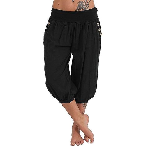 Yogahose für Damen, Seitentaschen, Haremshose, knöchellang, schnelltrocknend, feuchtigkeitsableitend, leicht, im Boho-Hippie-Stil, hellblau, orange, puderfarben, weiß – Größe M (1/5)